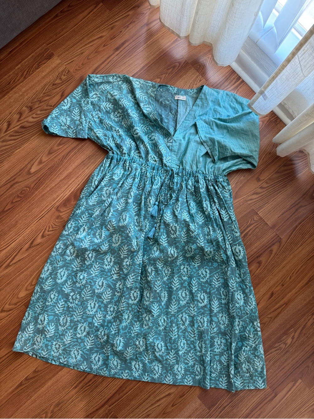 Blu Nomad 100% Cotton Boho Midi Dress Teal Block Print One Size